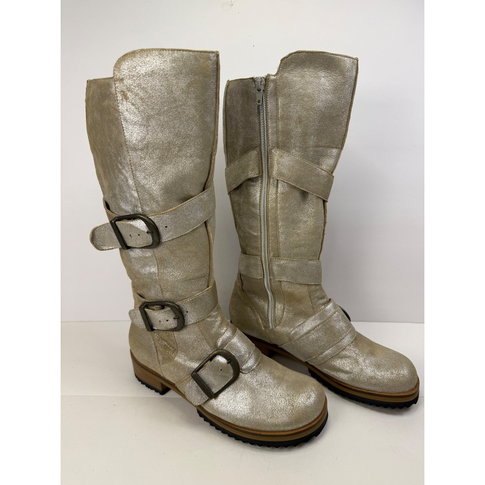 Gee WaWa Womens Metallic Gold Leather Moto Buckle Tall Boots Mile Cyrus Tour